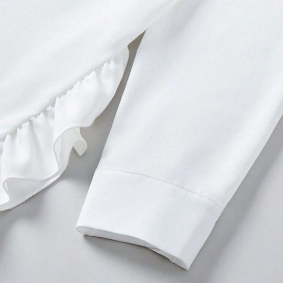 White Casual Women's Solid Color Ruffle Trim Decor Button Front Blouse - Picture 3 of 5